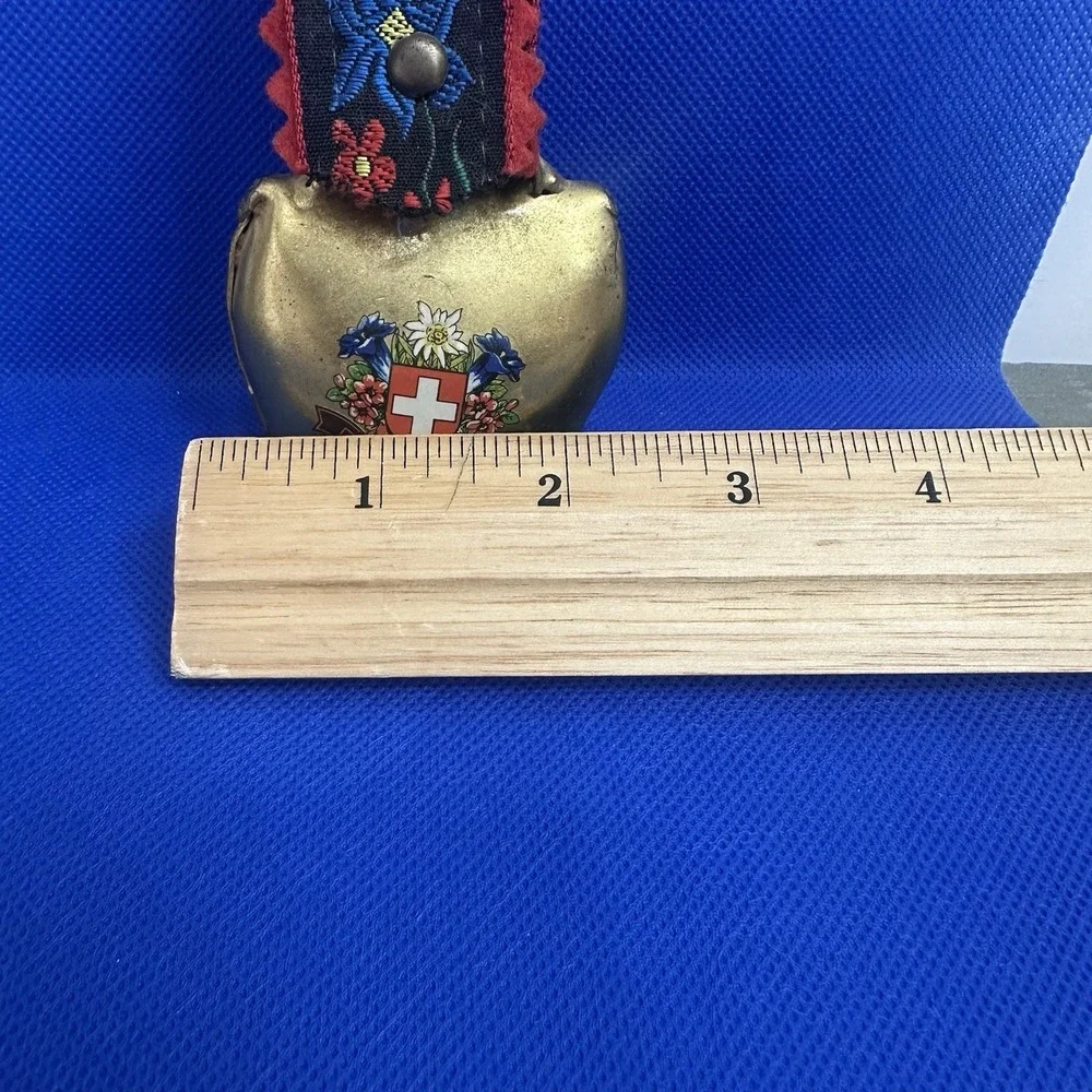 Vintage Floral Switzerland Gold Tone Metal Cow Bell with Floral‎ Heart Ribbon